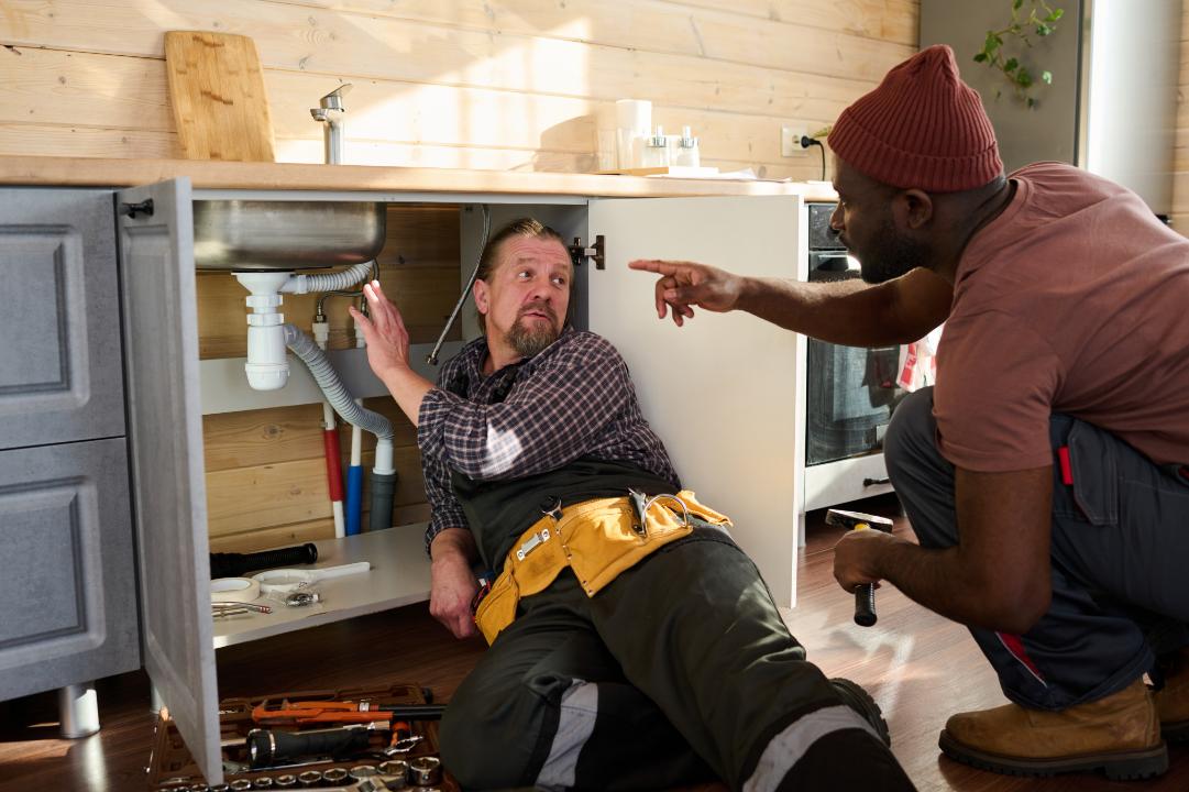 Experienced plumbers discussing work